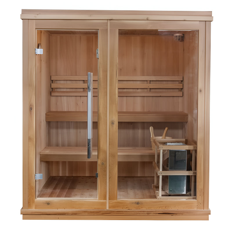 Charleston 4-Person Indoor Traditional Sauna | Canadian Hemlock, 6kW Harvia Heater, Double Bench